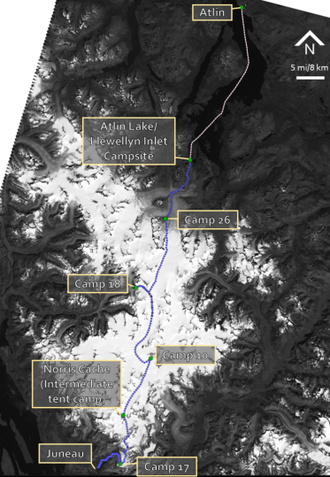 A map of the Juneau Icefield traverse and the major Icefield camps. Credit: Allen Pope.